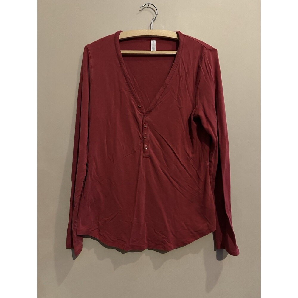 Athleta Nighttime Bliss Sleep Top Medium Burgundy Long Sleeve Henley Button Soft